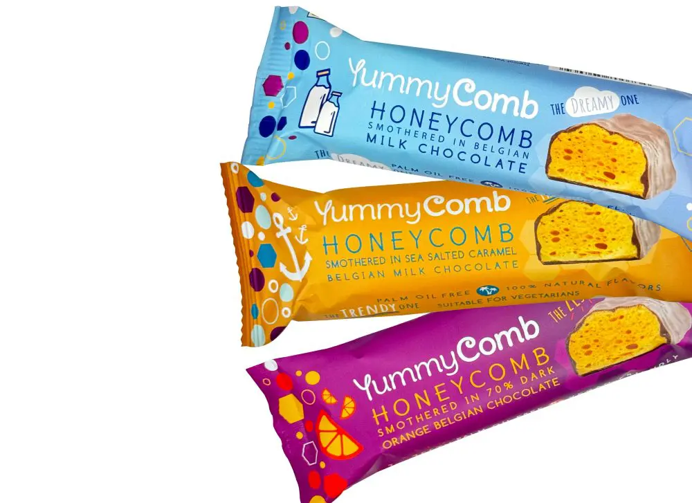 bars of cinder toffee honeycomb covered in sea salted caramel premium Belgian chocolate, Milk Belgian Chocolate and Dark Orange Belgian chocolate