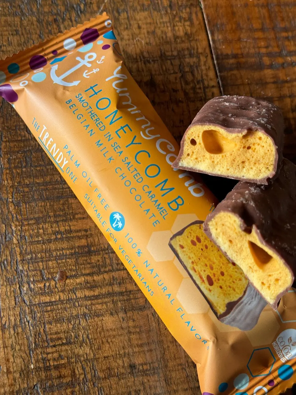 Honeycomb cinder toffee bar wrapped in premium sea salted caramel Belgian chocolate