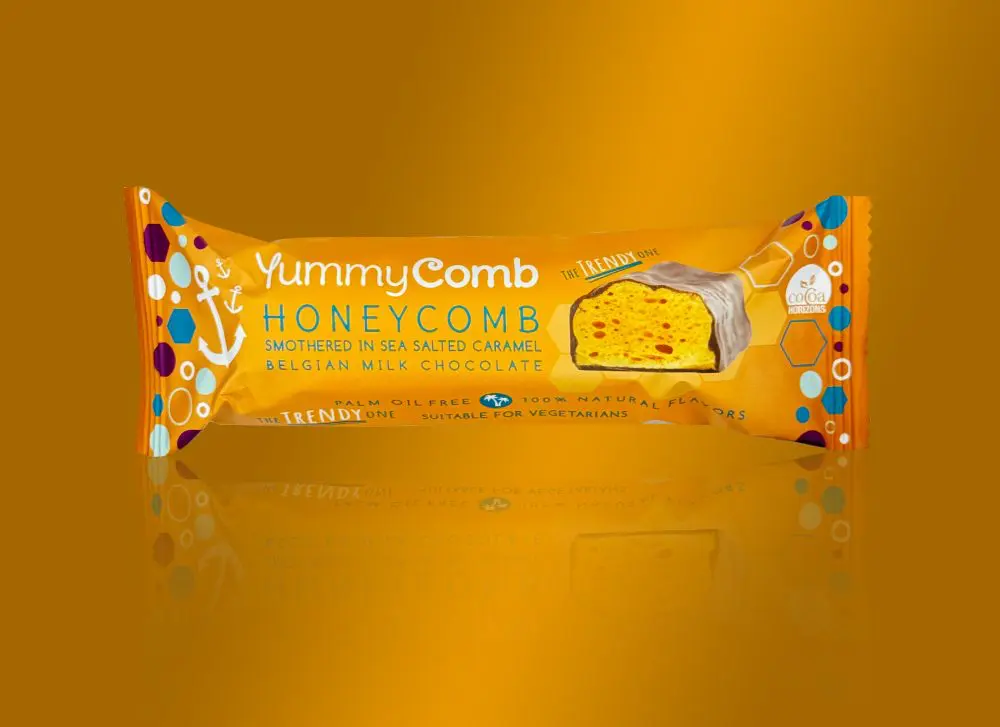 a bar of cinder toffee honeycomb covered in sea salted caramel premium Belgian chocolate